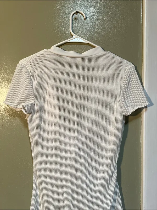 Womens Size Small Crochet Cover Up Beach Dress Short Sleeve V-Neck White Stretch - Image 9