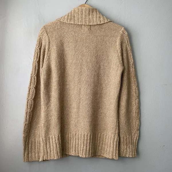 Y2K Cable Knit Cardigan Size Large Tan Button Sweater Pockets Chunky Academia - Image 4
