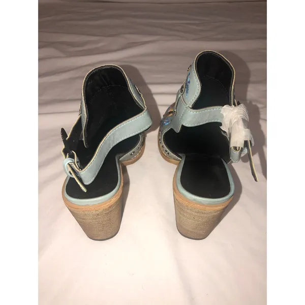 Western Mule Size 7 Blue Embroidered Chunky Block Heel Studded Ankle Strap Vegan - Image 4