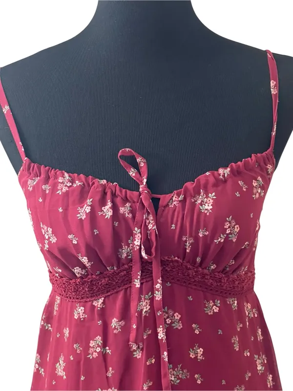 Feminine Cottage Burgundy Ditzy Floral No Boundaries Midi Dress with Tie Front - Image 2