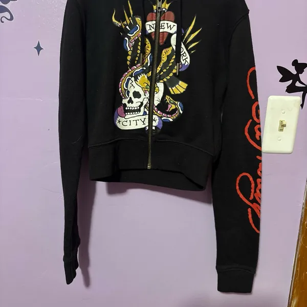 Ed Hardy cropped Black Hoodie with Skull and Wings Design - Image 4
