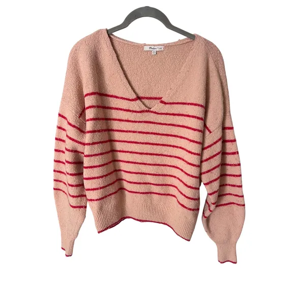 Madewell Wedged V-Neck Sweater Pale Blush Stripe Size Medium‎ - Image 5