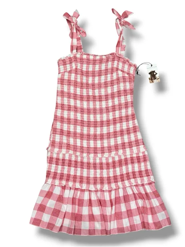 Sincerely Jules Gingham‎ Check Smocked Ruffle Mini Dress Red White Medium Preppy - Image 12