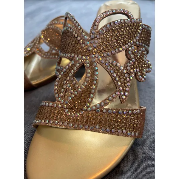 Gold Rhinestone Butterfly Slide Sandals Architectural Crystal Block Heel - Image 9