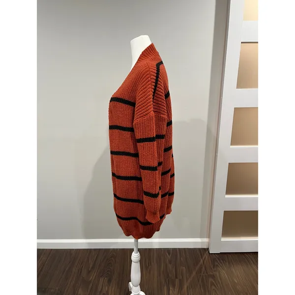 Chunky‎ cozy oversized SHEIN Orange Black Striped Knit Cardigan Sweater Women M - Image 4