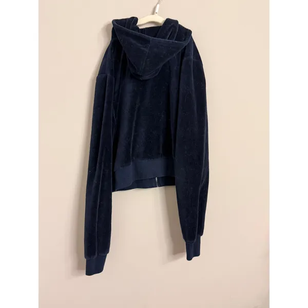 John Galt California Velour‎ Zip Up Hoodie Navy Blue Cropped Sweatshirt - Image 3