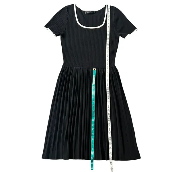 ZESICA Womens Black Ribbed Knit Pleated Midi Dress Short Sleeve Scoop Neck Small - Image 3