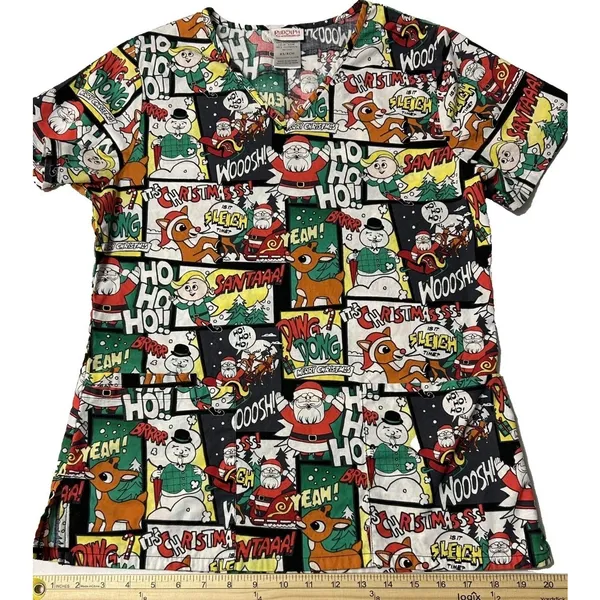 Rudolph Red Nosed Reindeer Christmas Scrub Top Comic Strip Holiday Womens XS - Image 2
