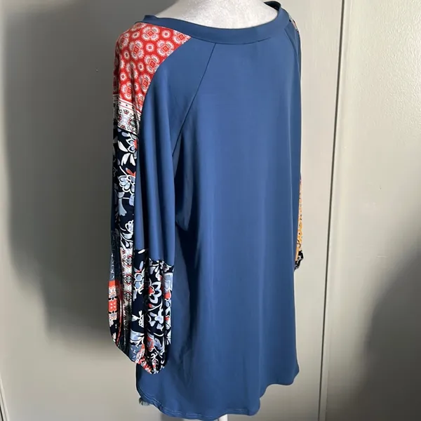 New Boho Balloon Sleeve Color Block Patchwork Jersey Knit Top Long Sleeve Blouse - Image 6