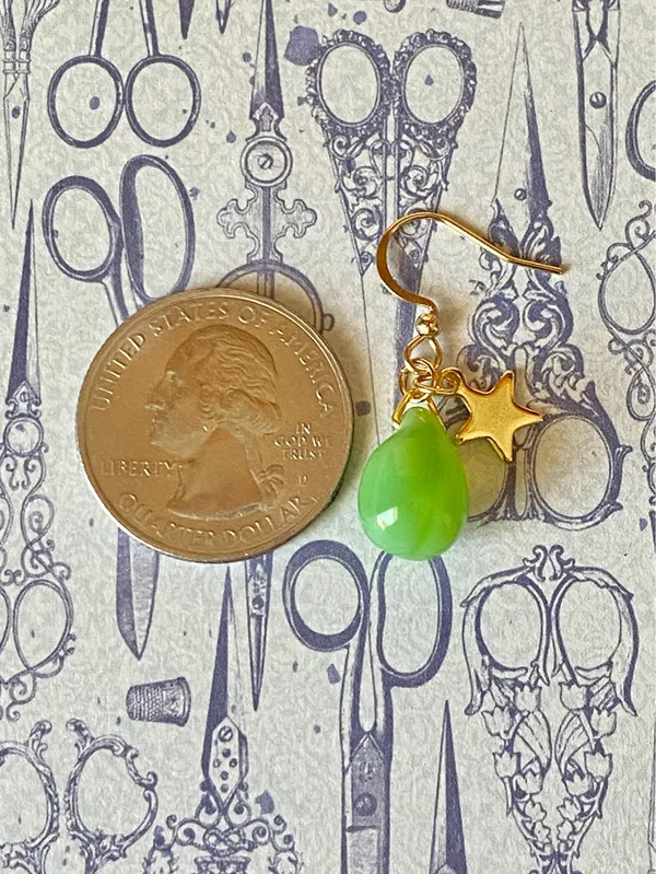 Handmade opaque green Czech glass teardrop & gold stainless star cute dangle earrings 💚🌟 - Image 6