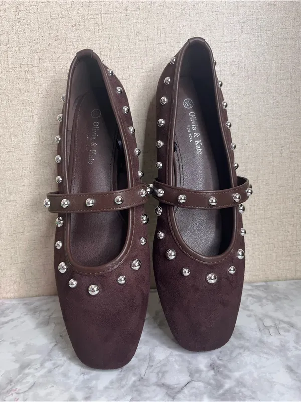 Olivia & Kate Studded Mary Jane Flats in a dark brown faux-suede finish - Image 4