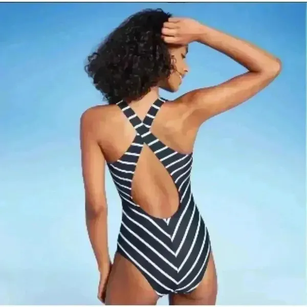 Kona Sol One Piece Blue Striped Swimsuit, Medium‎ - Image 4