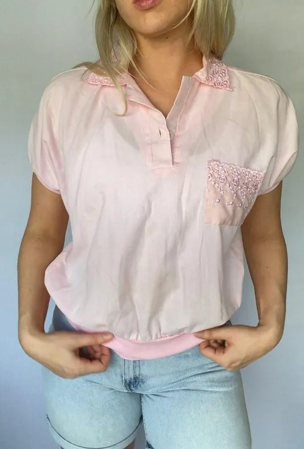 Vintage Baby Pink Pastel Barbie 50s Inspired Grease Retro Cropped Cuffed Blouse - Image 3