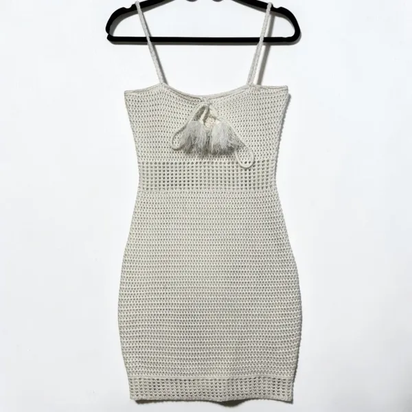 Miou Muse L Crochet Bodycon Dress‎ Tassel Cream Boho Festival Beach Swim Coverup - Image 5