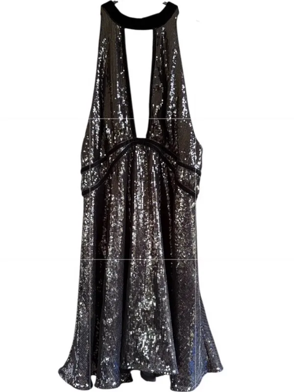 EUC Free People Film Noir Sequined Halter Mini Dress Black Size 4 - Image 4