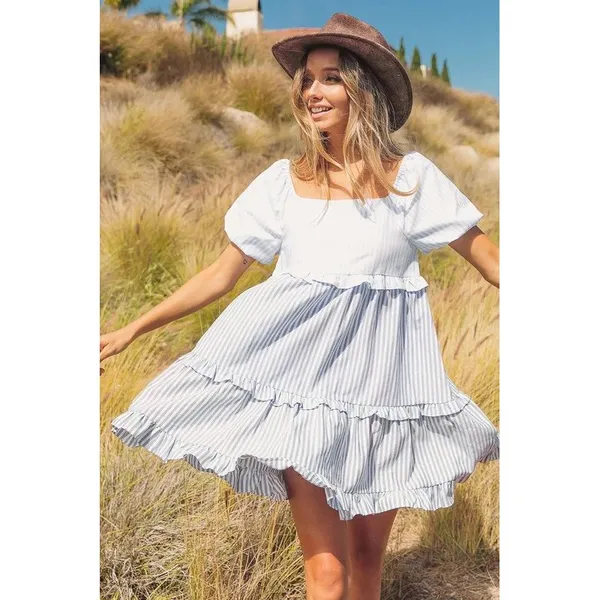 BIBI Blue White Striped Tiered Babydoll Mini‎ Dress Puff Sleeve XL NWT - Image 6