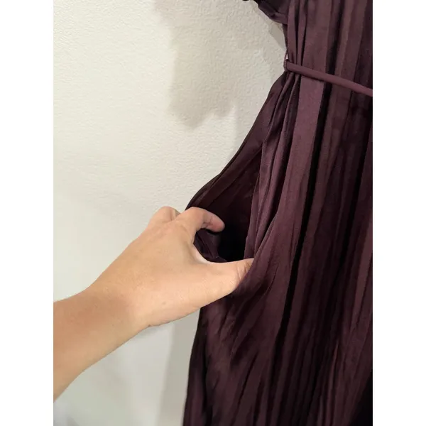 Vince Oxblood Pleated Crushed Satin V-Neck Midi Dress with Pockets Sz Medium - Image 7