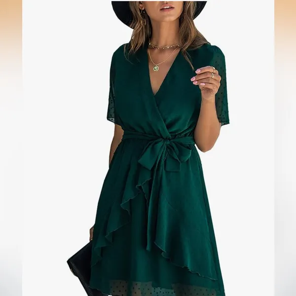 Boutique Brand Faux Wraps Neck Ruffle Swing Dress in Dark Green Size Medium - Image 7