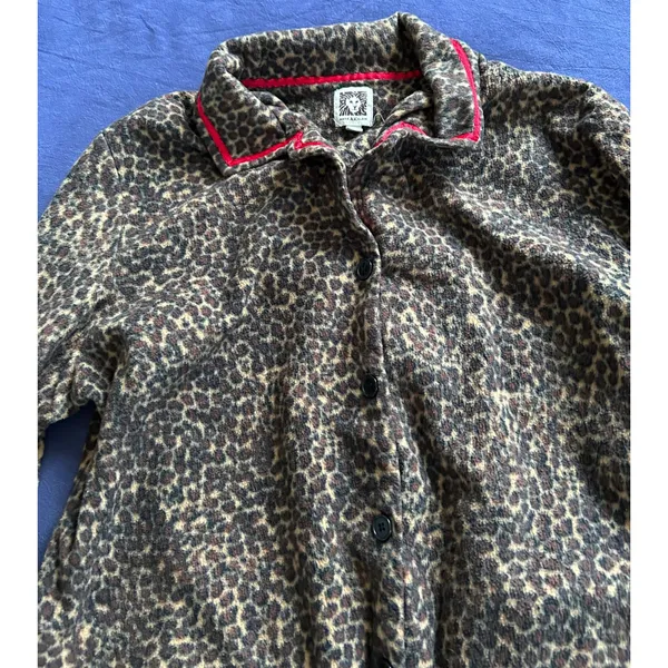 Anne Klein Womens Leopard Print Fleece Pajama Set Large Brown Red Trim L 14-16 - Image 13
