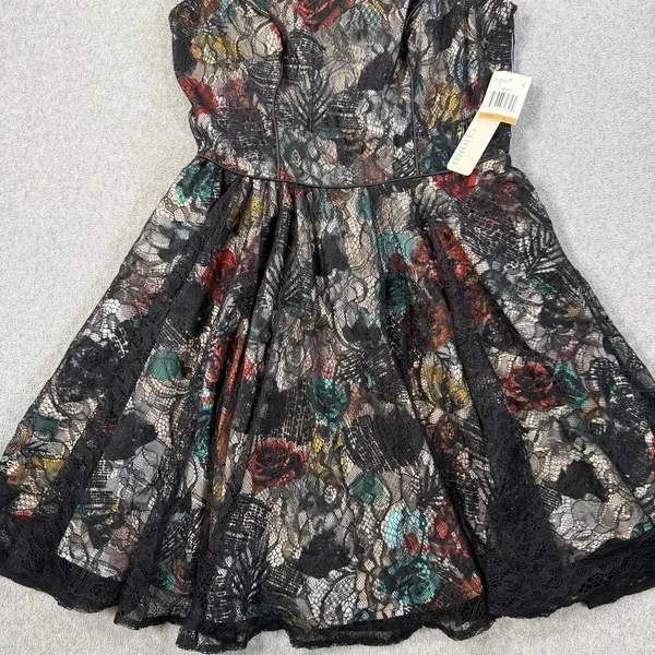CHORD Juniors Size 7 Black Multi-Color Floral Lace Sleeveless Fit & Flare Dress - Image 4
