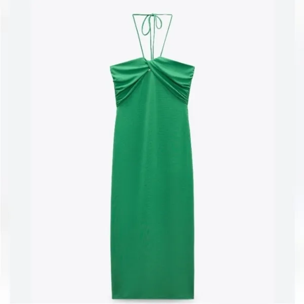 Zara Green Twist Front Halter Sleeveless Midi Seersucker Slip Dress NWT Large - Image 10