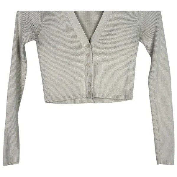 Zara Cropped V Neck Long Sleeve Fitted Ribbed Knit Button Down Sweater XS Beige - Image 3