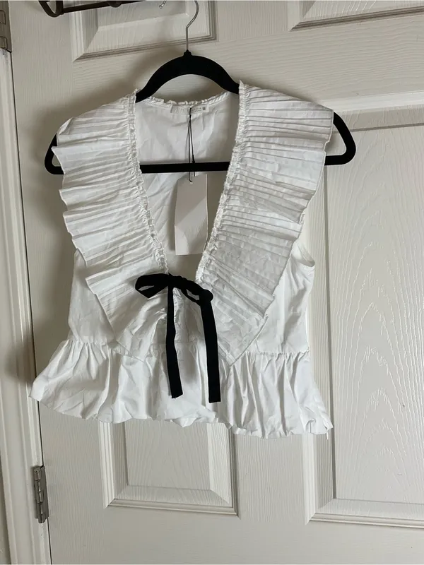 Zara White Ruffled Tie-Front Top Black Bow Coquette Size Small - Image 3