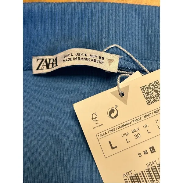 Zara Women’s High Waisted Ruched Rib Mini Blue Stretchy Skirt Size Large nwt (09 - Image 3