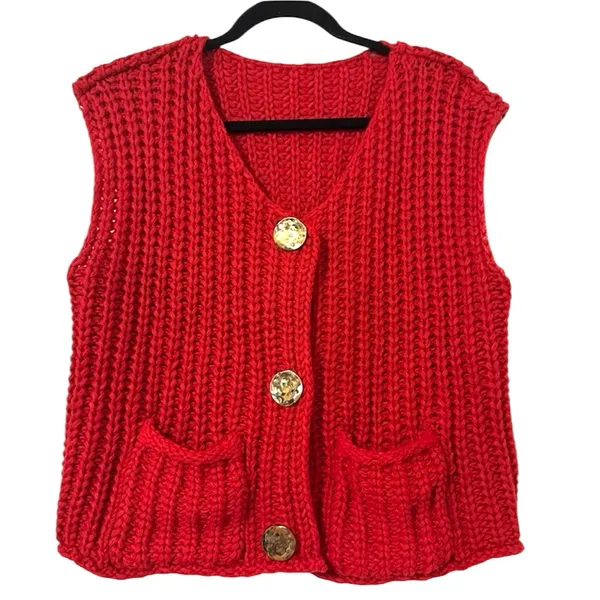 Knit Oversized Gold Button Sleeveless Vest Womens Large Red - Image 3