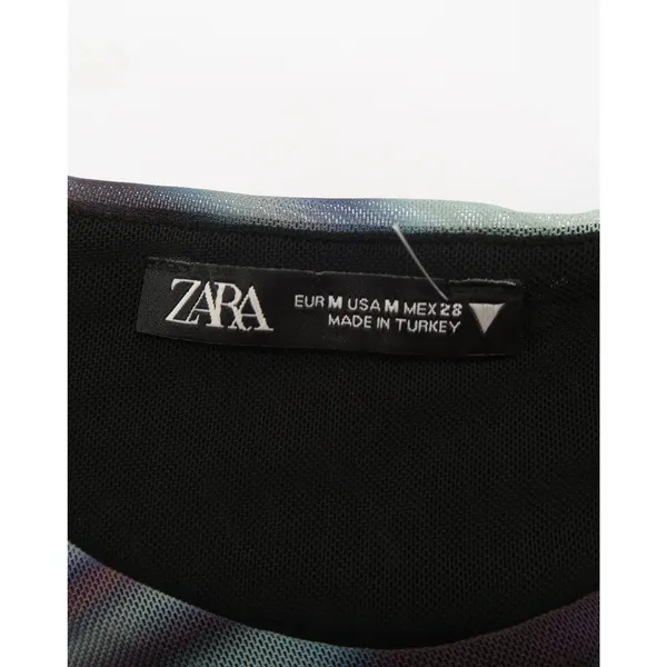 Zara Mesh Abstract Swirl Print‎ Ruched Midi Dress Blue Purple Brown Medium - Image 3