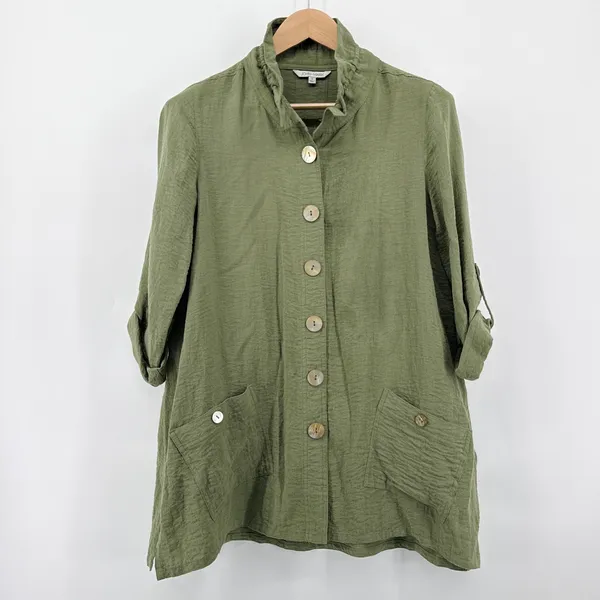 JOHN MARK Olive Green Textured‎ Button Front Shirt Tunic Top Size Small Roll Tab - Image 2