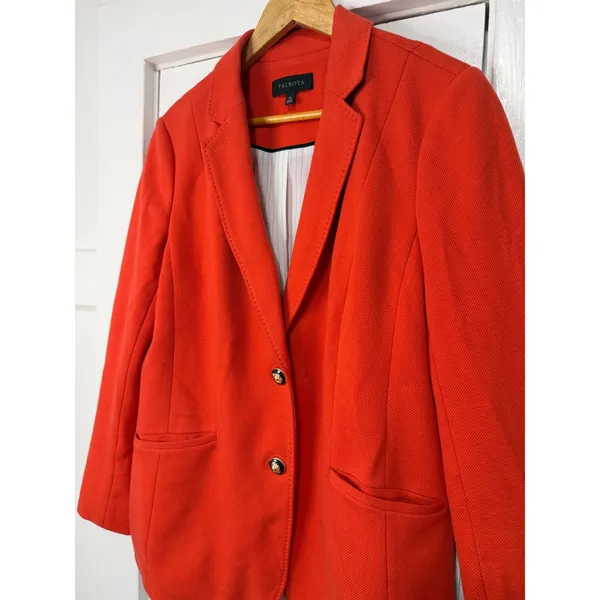 Talbots Red Orange Textured knit Blazer Gold Black Crest Buttons Size 14 Preppy - Image 15