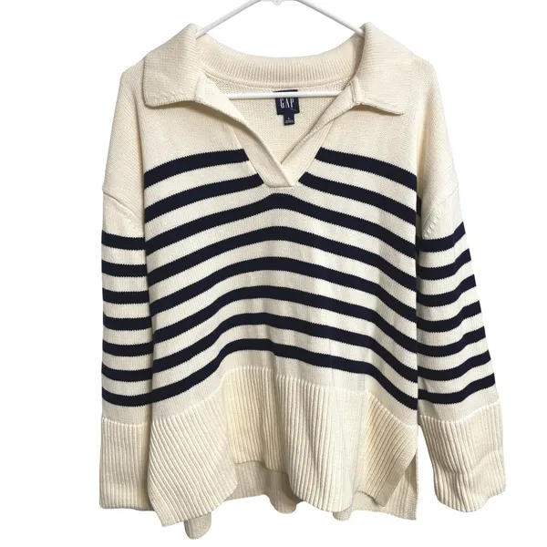 Gap 24/7 Split-Hem Polo Sweater Navy Cream Stripe Oversized Coastal Nautical L - Image 2
