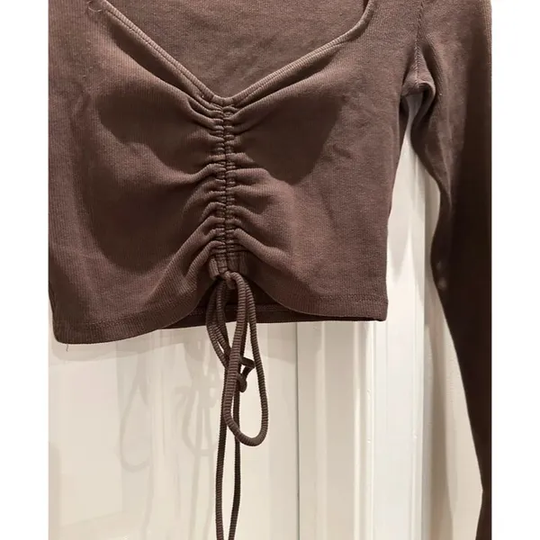 Zara Brown Ruched Drawstring Front Crop Top - Image 2