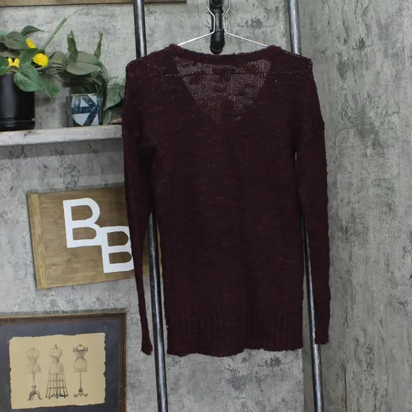 NWT American Eagle Acrylic Wool Open Knit Pullover Sweater V-Neck Berry Purple S - Image 2