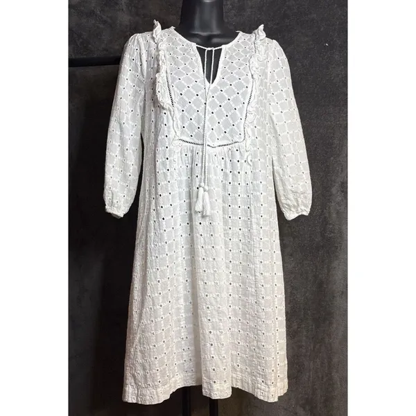 Anthropologie Thames Dress White Eyelet Cotton Womens 4 3/4 Sleeve Mini Boho - Image 9