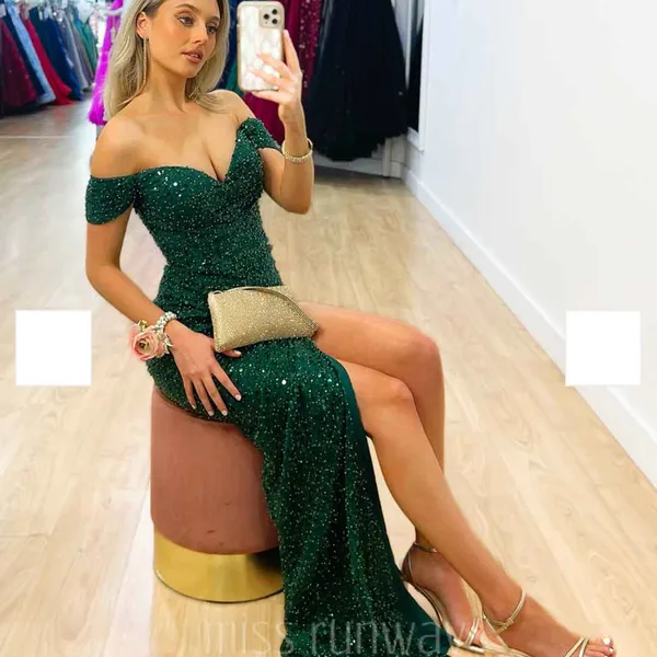 Jadore Carmen Sequin Elegant Emerald Green Off-Shoulder Dress, Sz 8‎ (US), NWT - Image 2