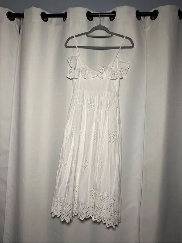 Zara White Eyelet Ruffle Sleeveless Midi Summer Dress Size XS - Image 6