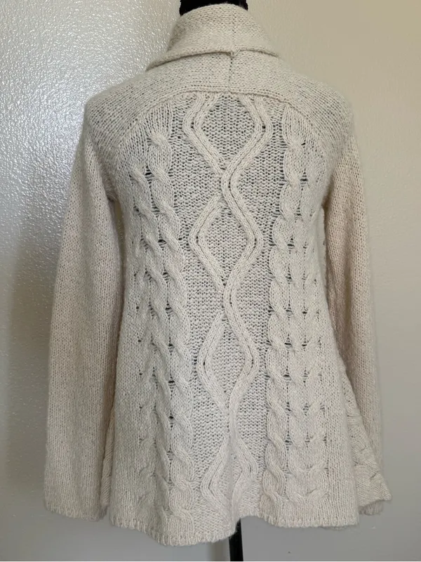 Free People Boho Cream Cable Knit Shawl Cardigan Fringe Wool Blend XS - Image 9