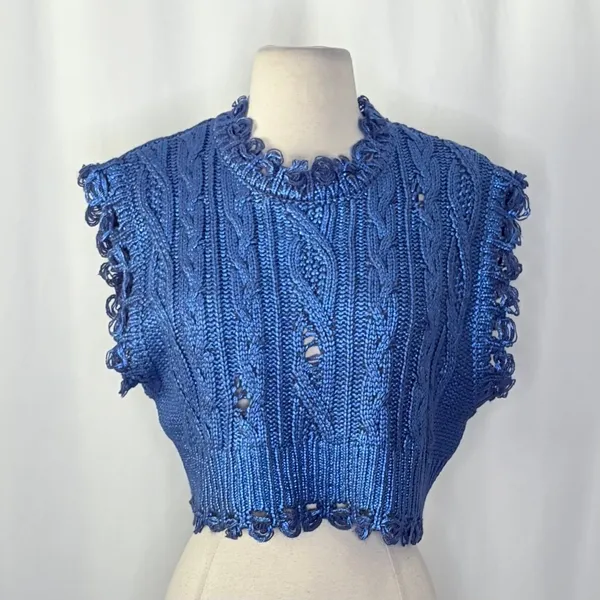 ZARA Metallic Blue Cropped‎ Sweater Cableknit Distressed Cable Knit Crop Small - Image 3