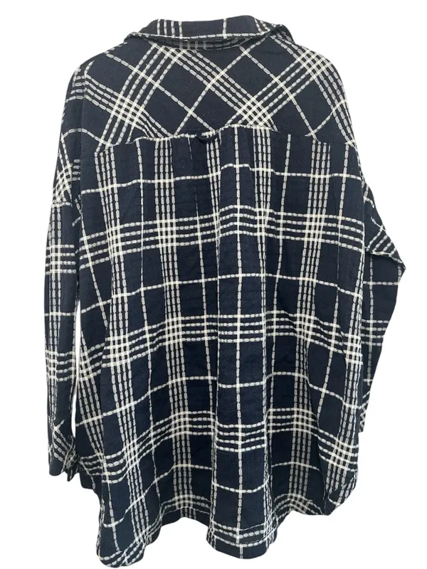 Free People Oversized Navy & White Flannel Plaid Button-Up Shirt - Image 8