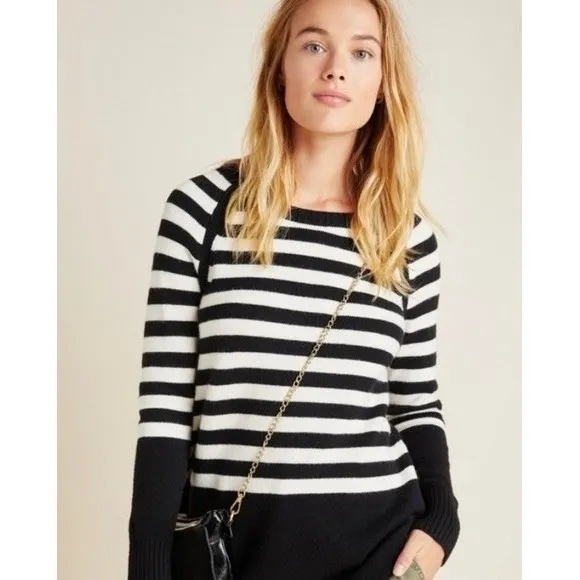 ANTHROPOLOGIE Rebekah Sweater Black White Stripe Tunic Pullover Knitwear Medium - Image 4