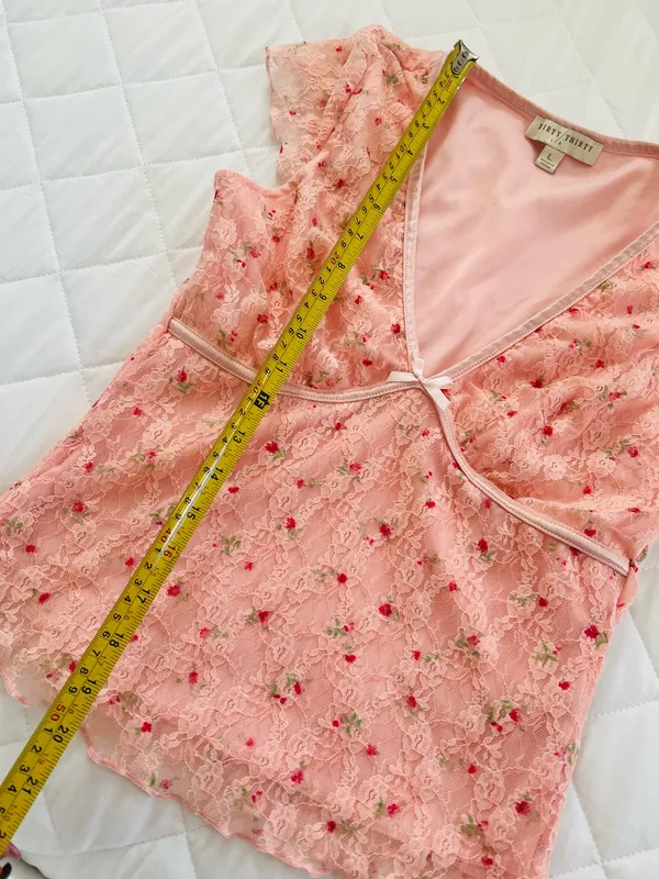 Y2K Coquette Pink Lace Floral Babydoll Top Fairycore Romantic V-Neck Womens Sz L - Image 5