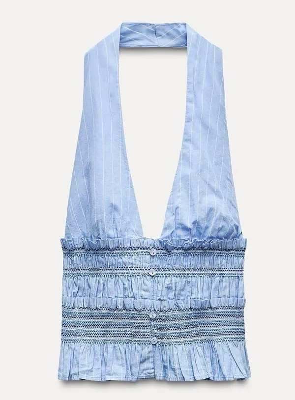 Zara NWT blue pin stripe halter neck deep V smocked ruffle detail top - Image 5