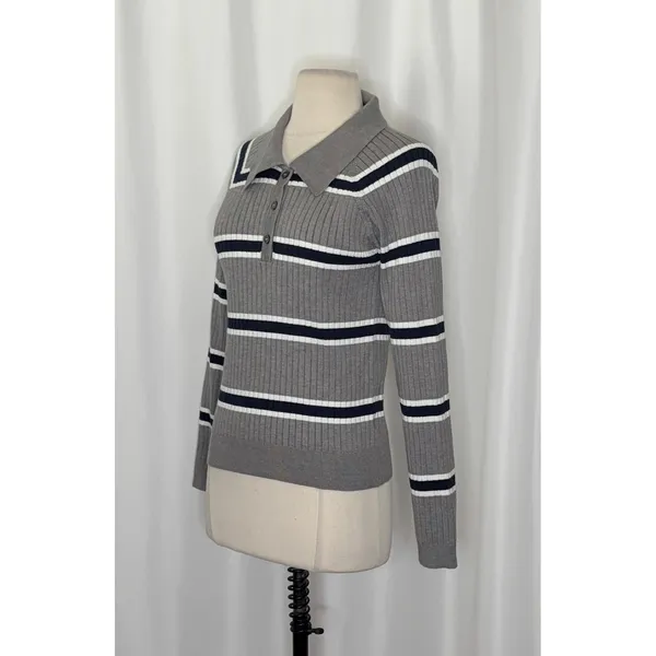 BOHME Striped Polo Henley Sweater Gray Navy Blue White Buttons Pullover Large - Image 5