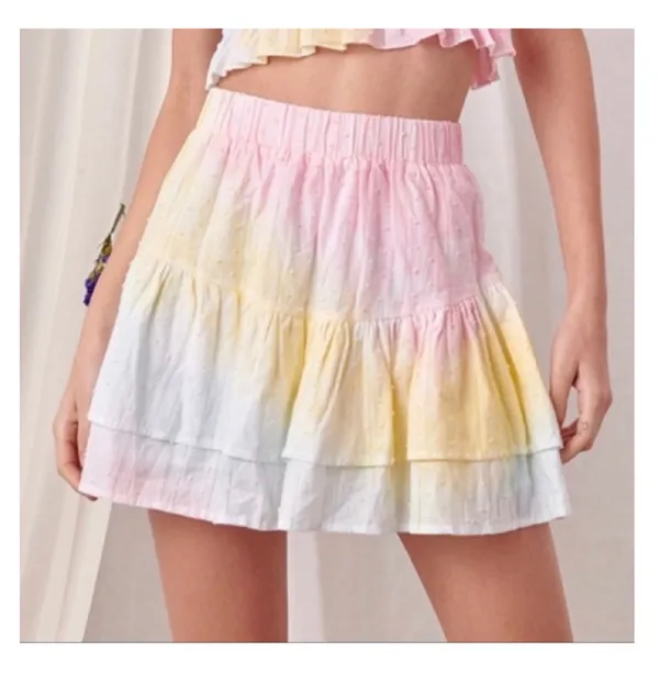 Storia Pastel Rainbow Skirt multi-tiered ruffled mini skirt - Size Medium .***Refer to measurements and sizes. Comfy & lightweight. Gently warn and excellent condition. Measurements approximately: 13” waste not fully stretched out from elastic x 14.5” long. Non-smoking home. Priced to sell at as is condition. Don’t like my price make reasonable offer. - Image 2