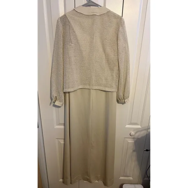 Vintage Cream Gold Metallic Mesh‎ 2 Piece Maxi Dress and Cropped Jacket Set - Image 7