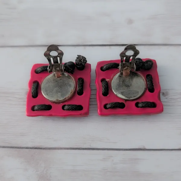 Vintage Clip On Earrings Large Statement Pink Square with Dark Brown Cord - Image 4