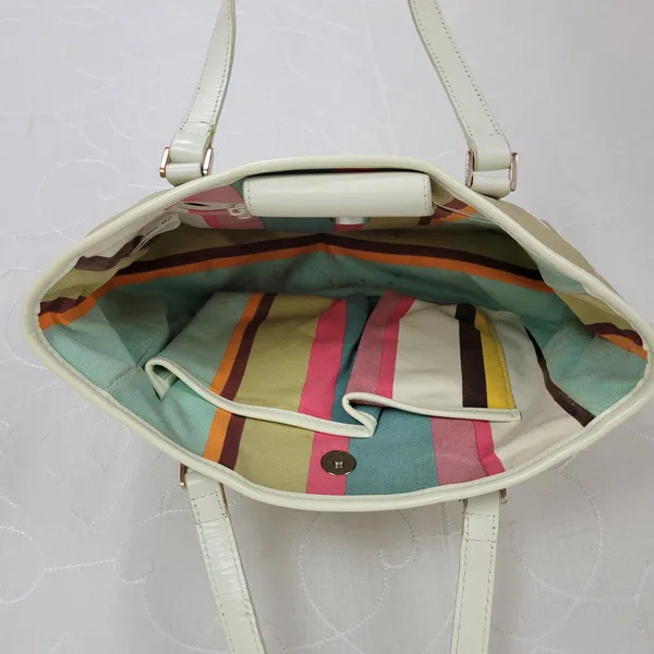 Fossil Womens Purse Bag Tan White Canvas Leather Double Strap Magnet Closure - Image 10