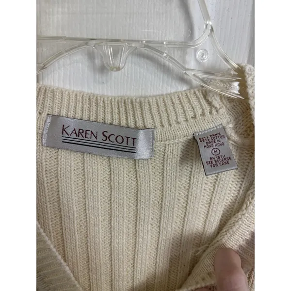Karen Scott Vtg 90s Neutral Cable Knit Button Sweater Vest Fisherman Cottage Grandpa M Ramie - Image 3
